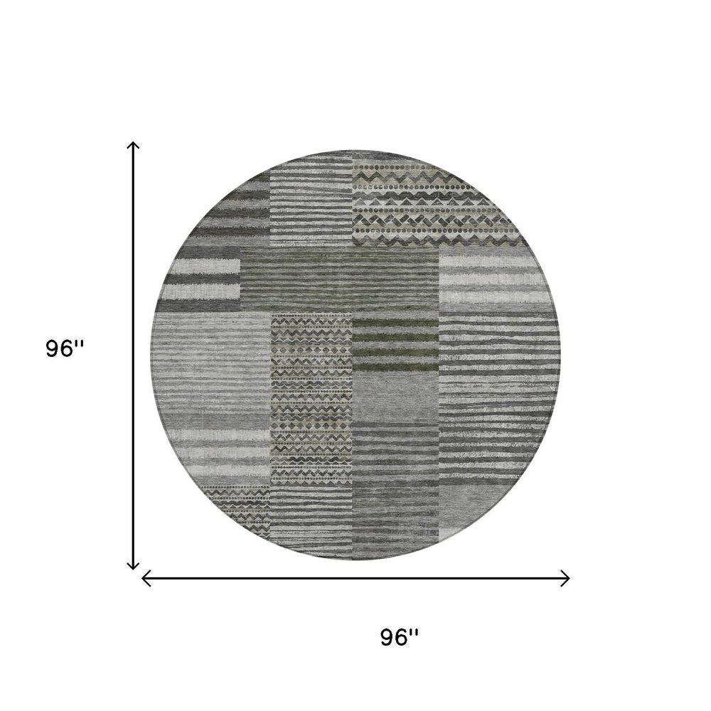 8' Pewter And Gray Round Striped Washable Indoor Outdoor Area Rug — view 4