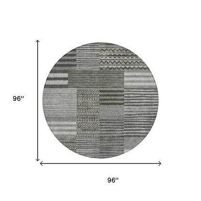 8' Pewter And Gray Round Striped Washable Indoor Outdoor Area Rug