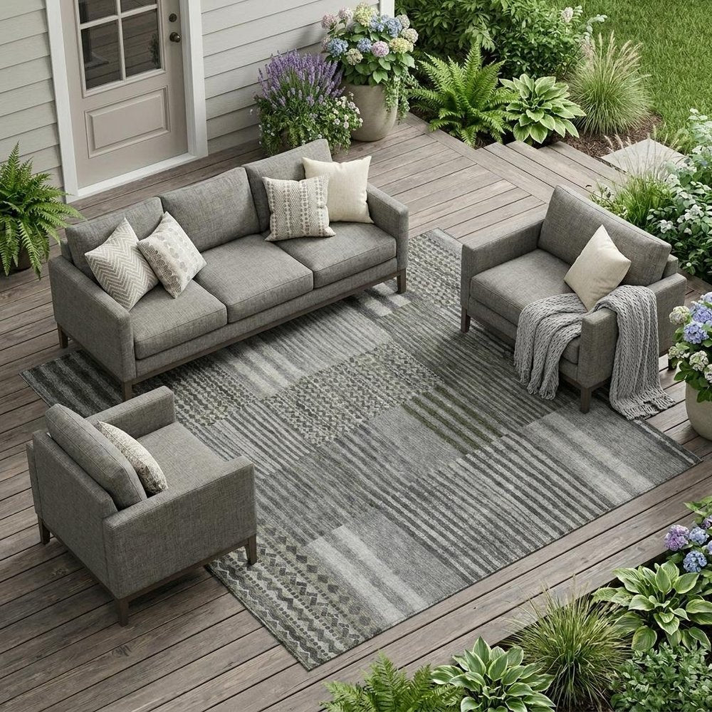 9' X 12' Pewter And Gray Striped Washable Indoor Outdoor Area Rug — view 5