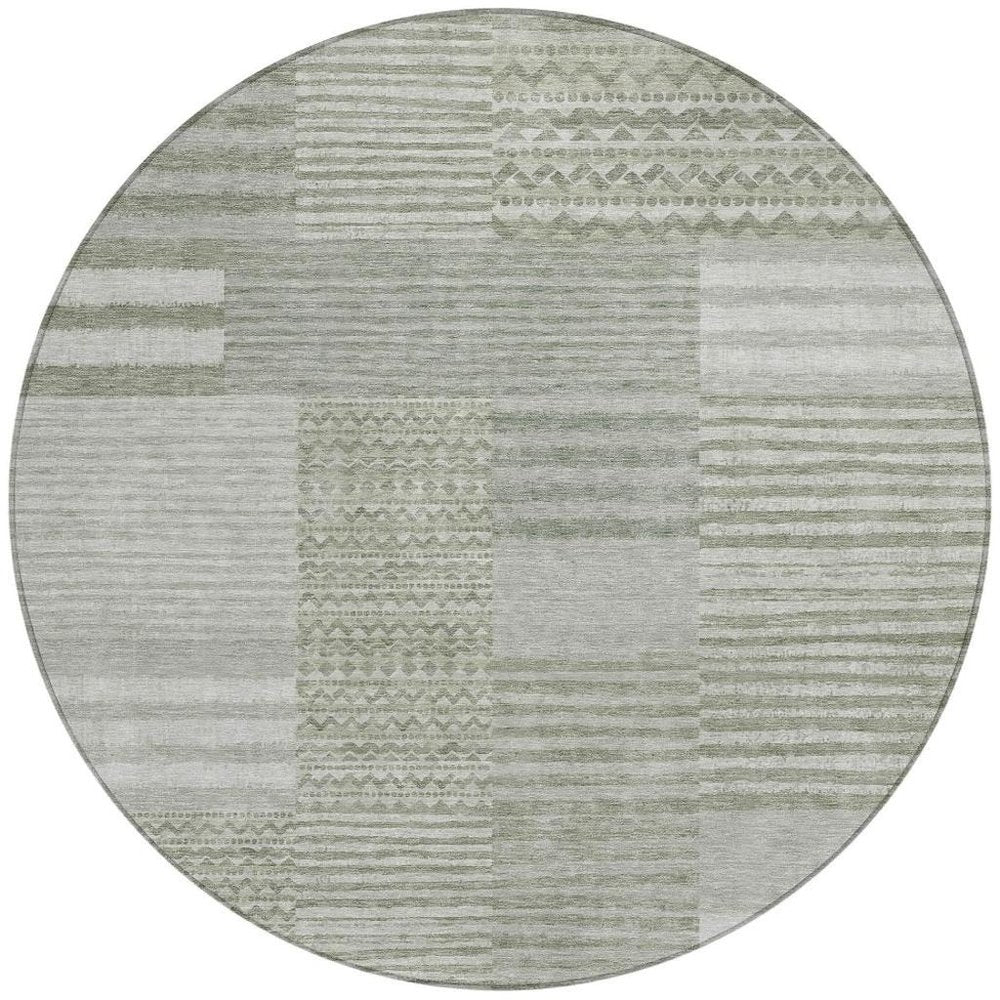 8' Sage And Green Round Striped Washable Indoor Outdoor Area Rug HomeRoots