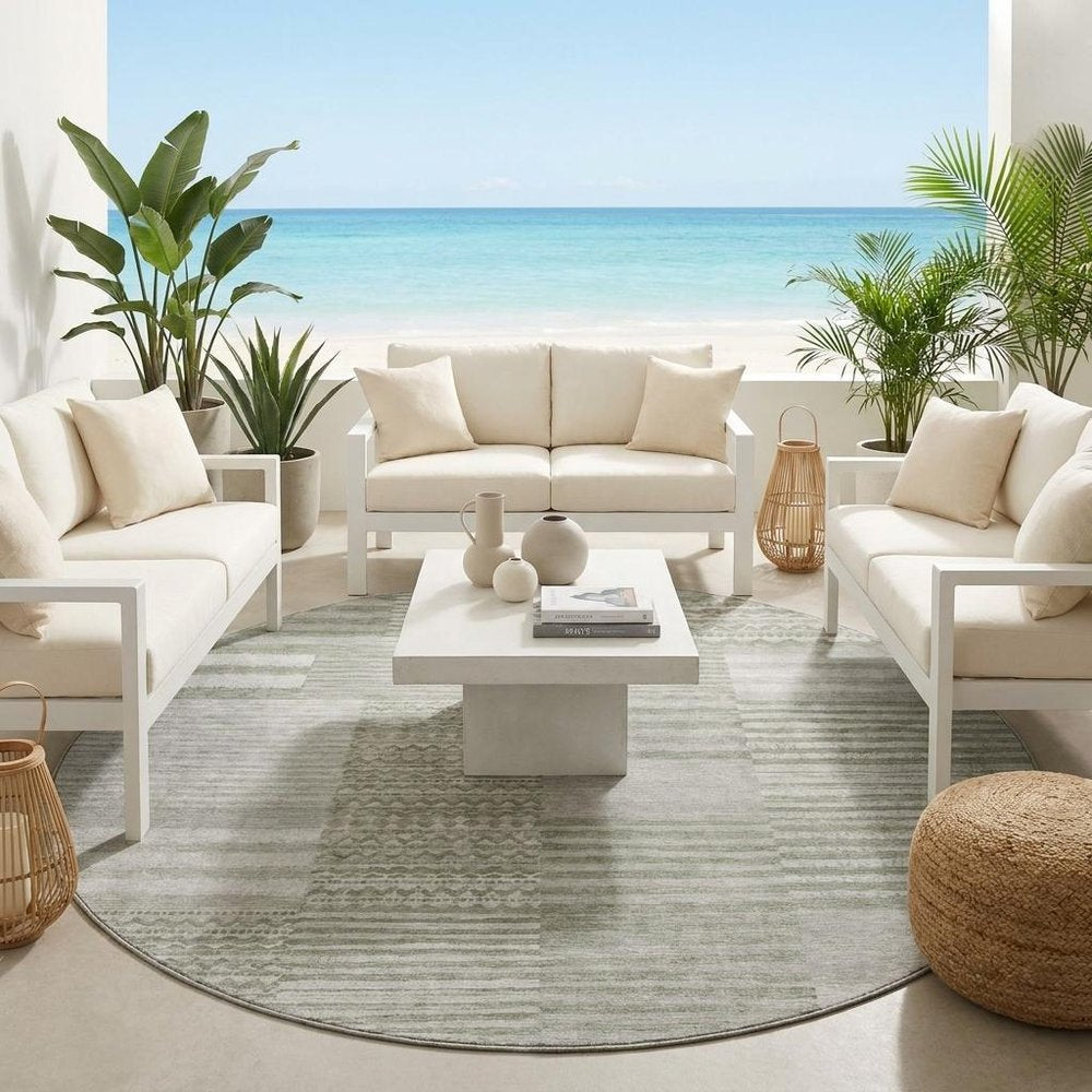 8' Sage And Green Round Striped Washable Indoor Outdoor Area Rug — view 7