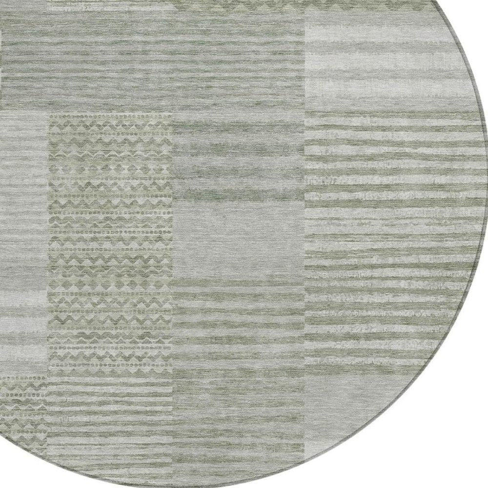 8' Sage And Green Round Striped Washable Indoor Outdoor Area Rug — view 5