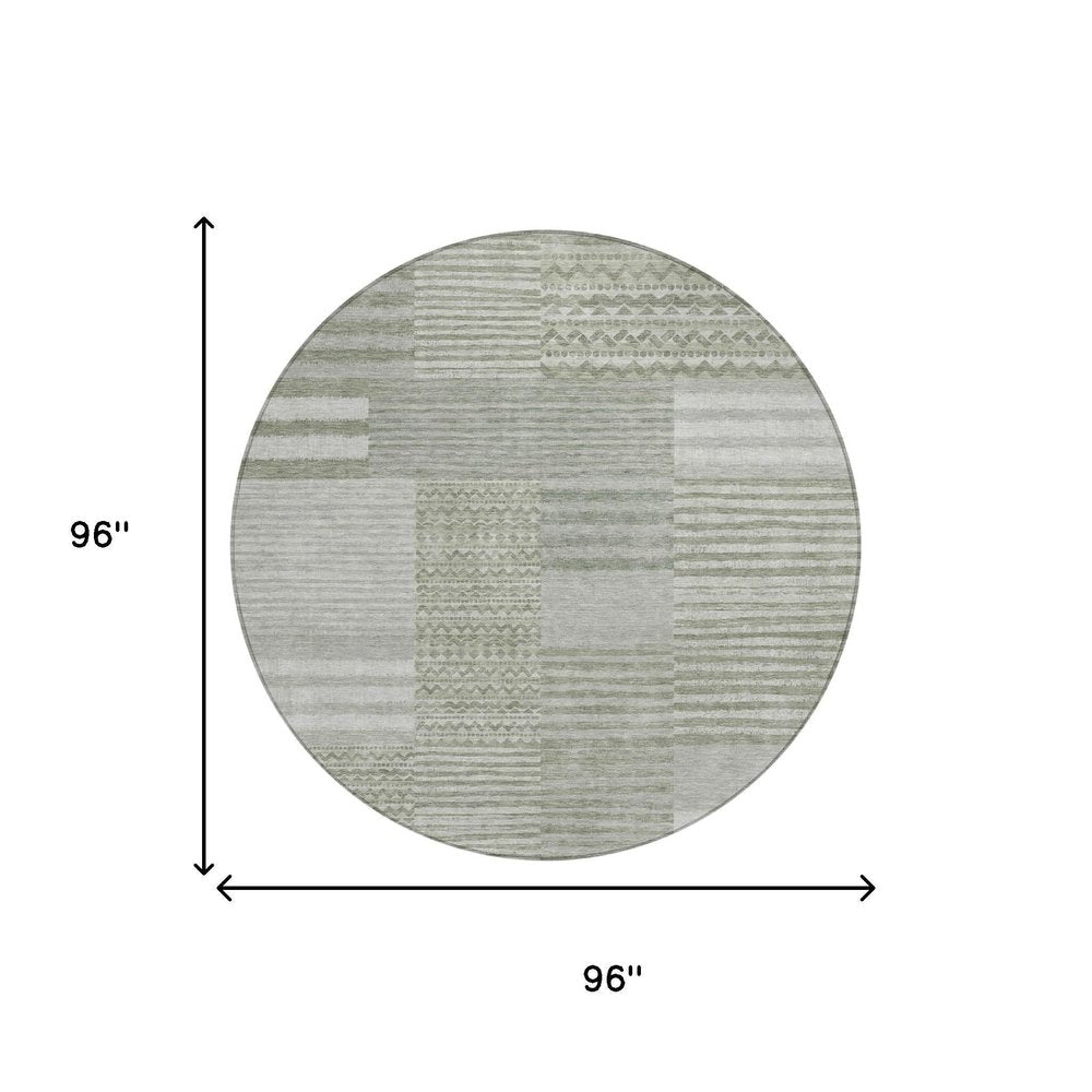 8' Sage And Green Round Striped Washable Indoor Outdoor Area Rug — view 4