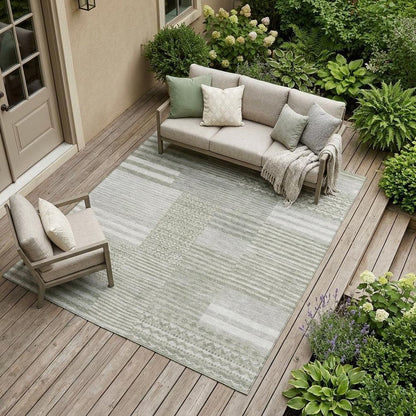 9' X 12' Sage And Green Striped Washable Indoor Outdoor Area Rug HomeRoots