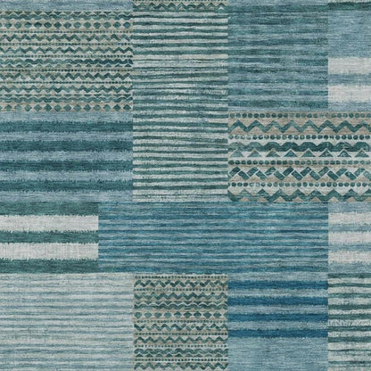 9' X 12' Teal Blue And Pewter Striped Washable Indoor Outdoor Area Rug HomeRoots