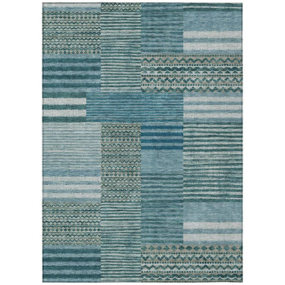 9' X 12' Teal Blue And Pewter Striped Washable Indoor Outdoor Area Rug HomeRoots