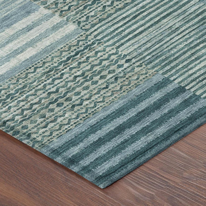 9' X 12' Teal Blue And Pewter Striped Washable Indoor Outdoor Area Rug HomeRoots
