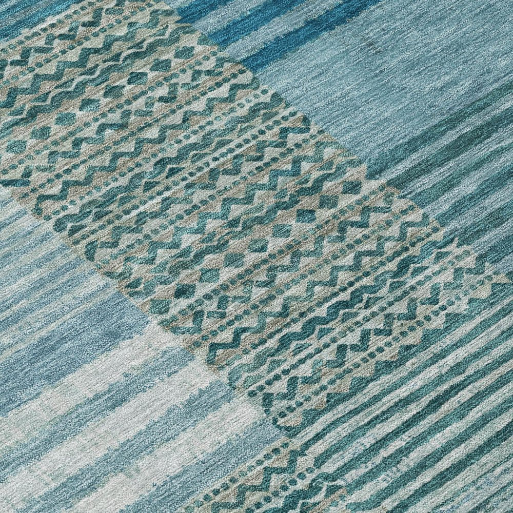 9' X 12' Teal Blue And Pewter Striped Washable Indoor Outdoor Area Rug — view 3