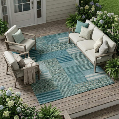 9' X 12' Teal Blue And Pewter Striped Washable Indoor Outdoor Area Rug HomeRoots