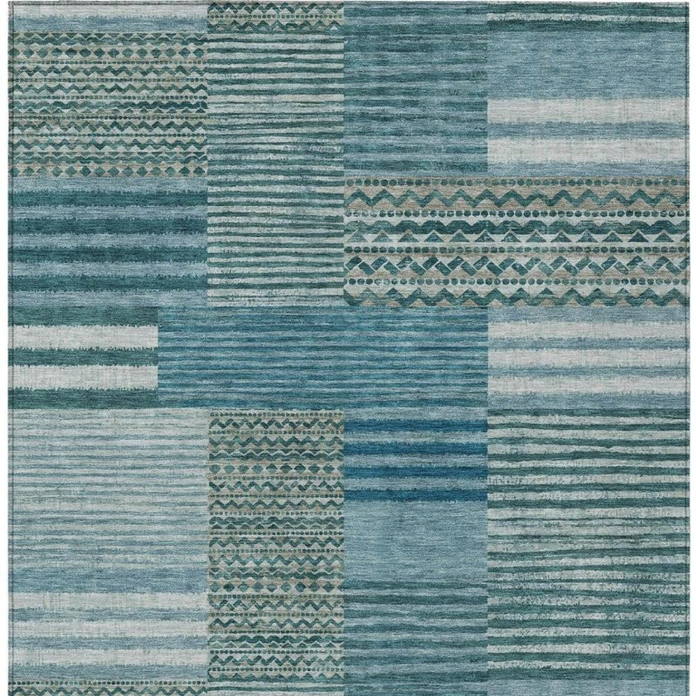 10' X 14' Teal Blue And Pewter Striped Washable Indoor Outdoor Area Rug HomeRoots