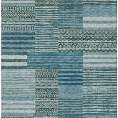 10' X 14' Teal Blue And Pewter Striped Washable Indoor Outdoor Area Rug HomeRoots