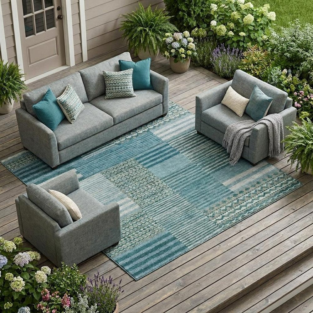 10' X 14' Teal Blue And Pewter Striped Washable Indoor Outdoor Area Rug HomeRoots
