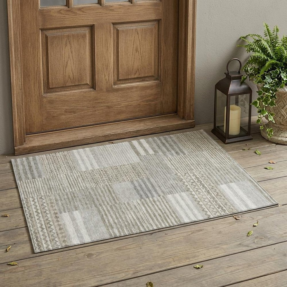 3' X 5' Taupe And Brown Striped Washable Indoor Outdoor Area Rug