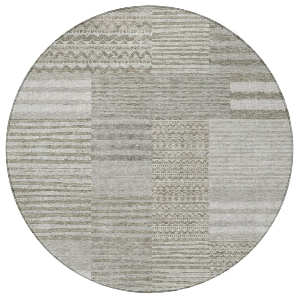 8' Taupe And Brown Round Striped Washable Indoor Outdoor Area Rug — view 6