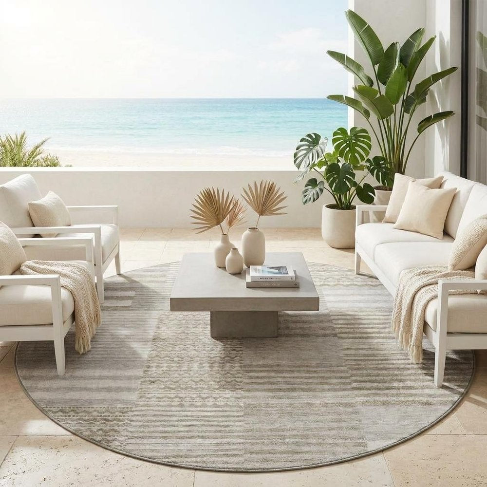 8' Taupe And Brown Round Striped Washable Indoor Outdoor Area Rug — view 7