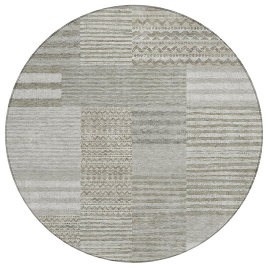 8' Taupe And Brown Round Striped Washable Indoor Outdoor Area Rug
