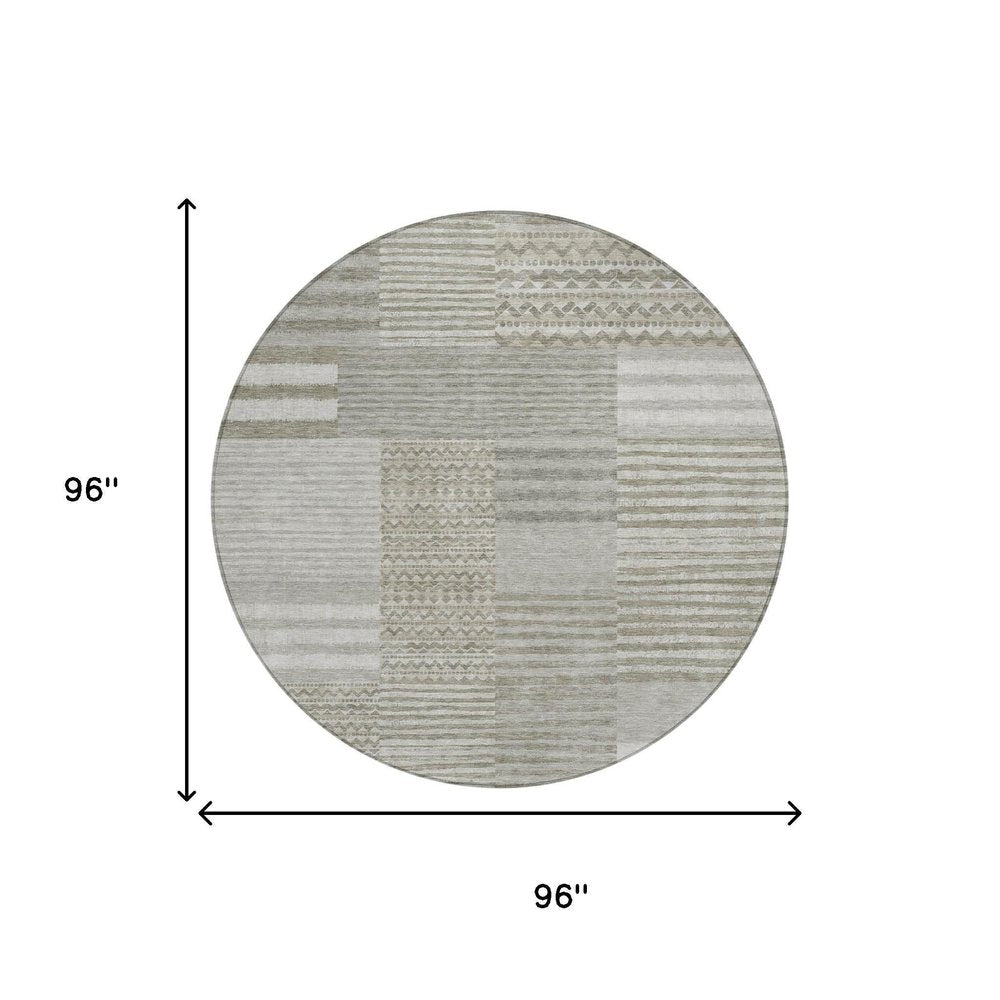 8' Taupe And Brown Round Striped Washable Indoor Outdoor Area Rug HomeRoots