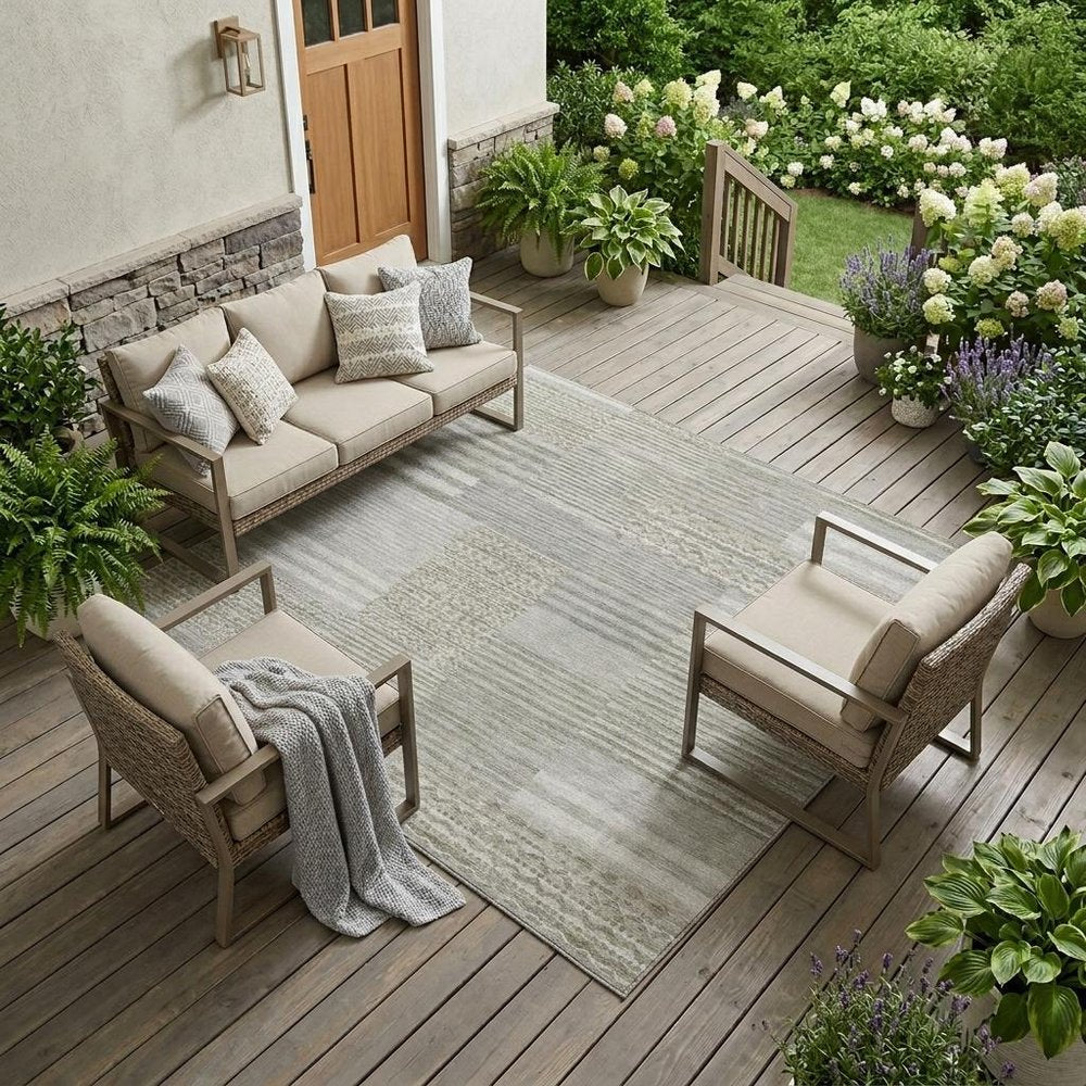 8' X 10' Taupe And Brown Striped Washable Indoor Outdoor Area Rug — view 5