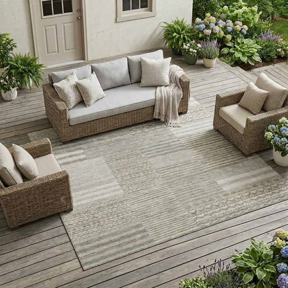 9' X 12' Taupe And Brown Striped Washable Indoor Outdoor Area Rug — view 5