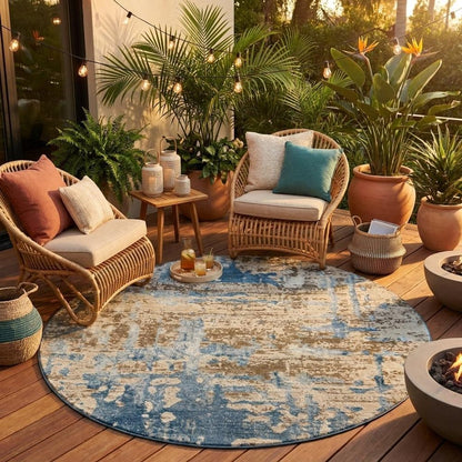 8' Brown And Khaki Round Abstract Washable Indoor Outdoor Area Rug HomeRoots