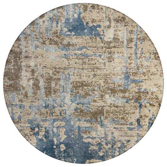 8' Brown And Khaki Round Abstract Washable Indoor Outdoor Area Rug