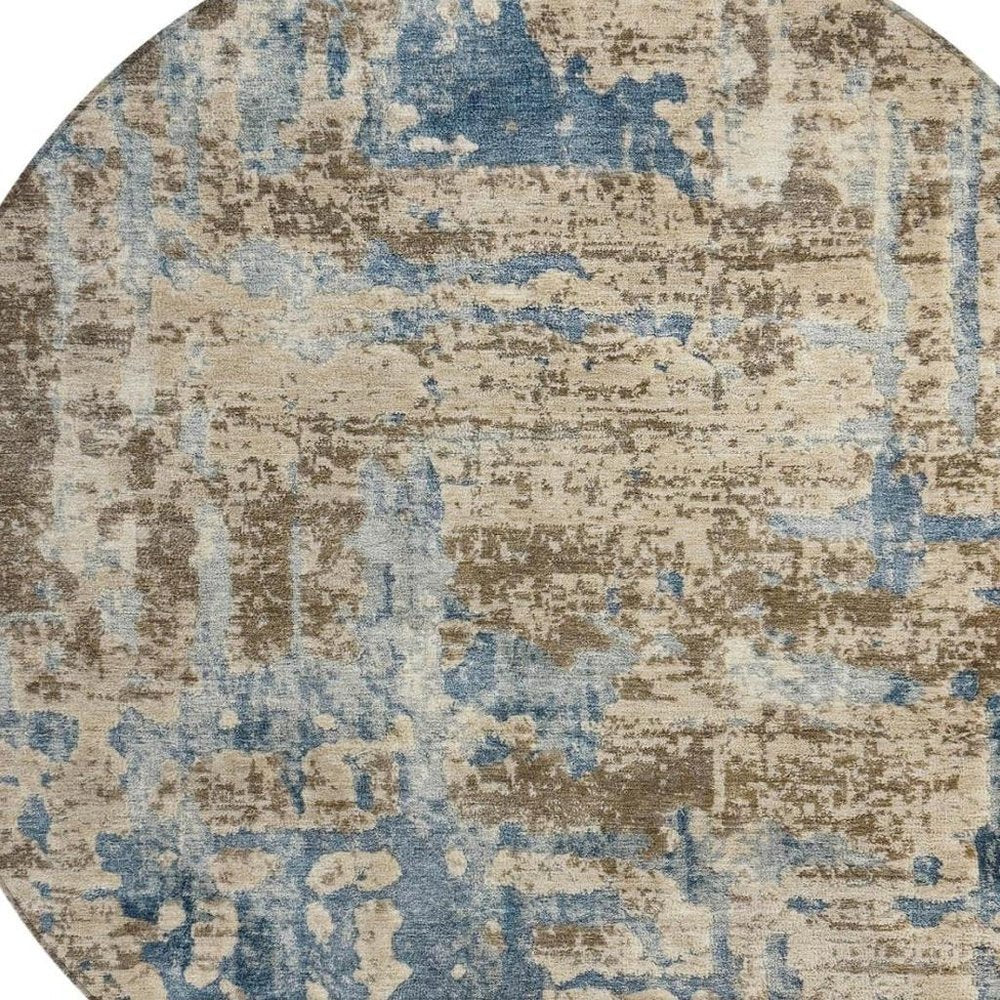 8' Brown And Khaki Round Abstract Washable Indoor Outdoor Area Rug — view 5