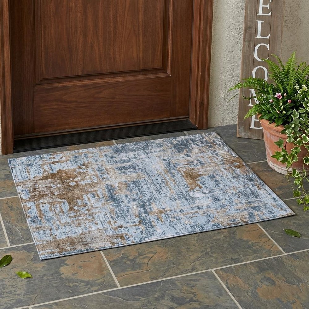 3' X 5' Blue And Gray Abstract Washable Indoor Outdoor Area Rug — view 5