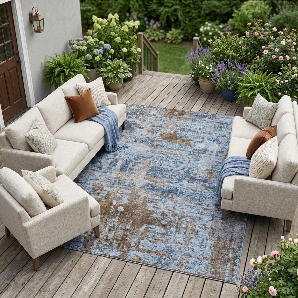 9' X 12' Blue And Gray Abstract Washable Indoor Outdoor Area Rug
