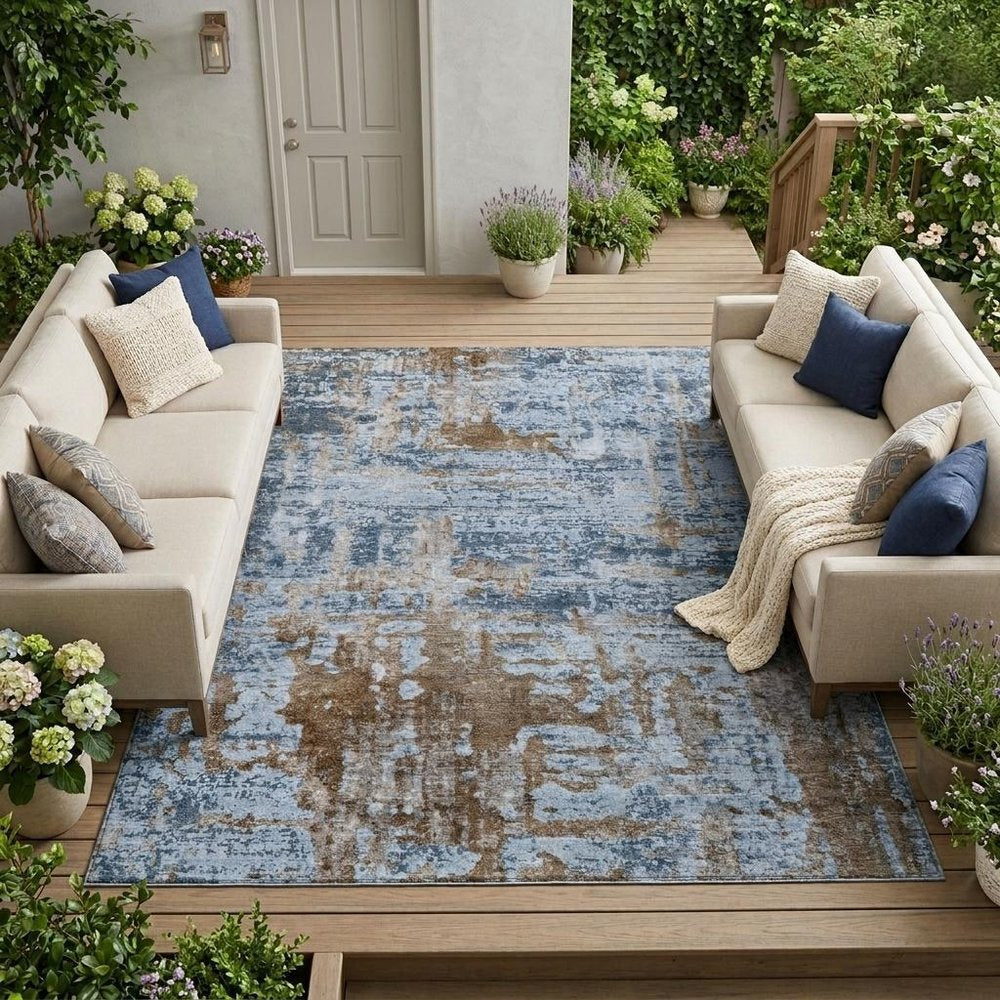10' X 14' Blue And Gray Abstract Washable Indoor Outdoor Area Rug — view 5