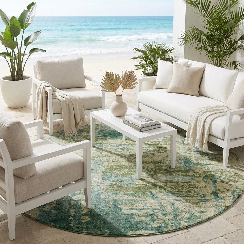 8' Green And Sage Round Abstract Washable Indoor Outdoor Area Rug — view 7