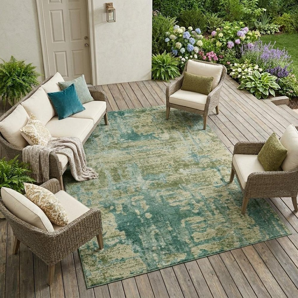 8' X 10' Green And Sage Abstract Washable Indoor Outdoor Area Rug