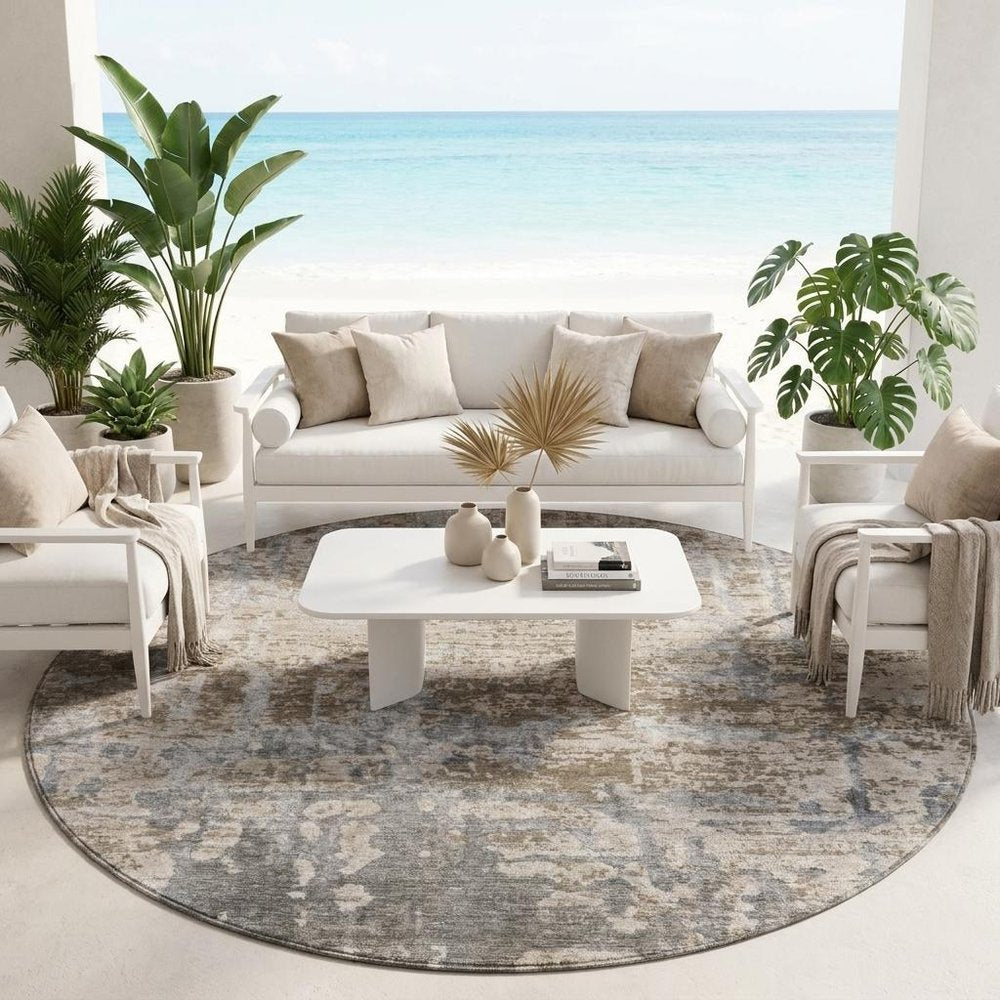 8' Khaki And Brown Round Abstract Washable Indoor Outdoor Area Rug — view 14