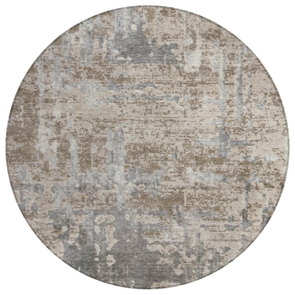 8' Khaki And Brown Round Abstract Washable Indoor Outdoor Area Rug — view 2