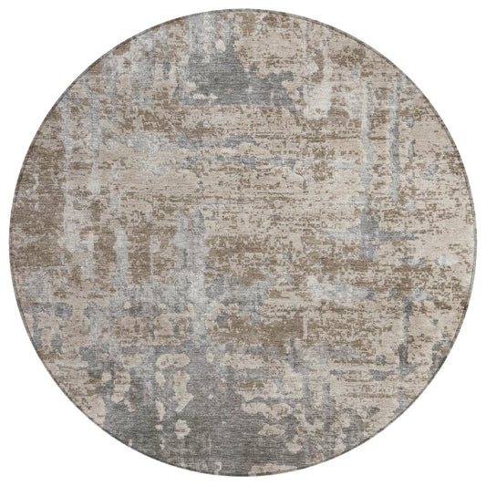 8' Khaki And Brown Round Abstract Washable Indoor Outdoor Area Rug