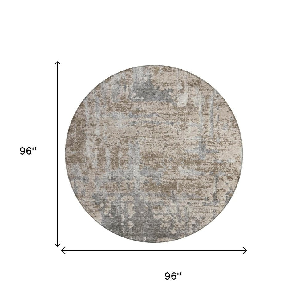 8' Khaki And Brown Round Abstract Washable Indoor Outdoor Area Rug — view 5