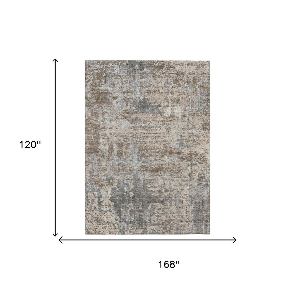 10' X 14' Khaki And Brown Abstract Washable Indoor Outdoor Area Rug
