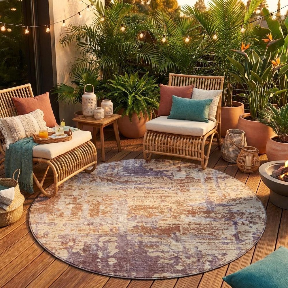 8' Orange And Beige Round Abstract Washable Indoor Outdoor Area Rug — view 7