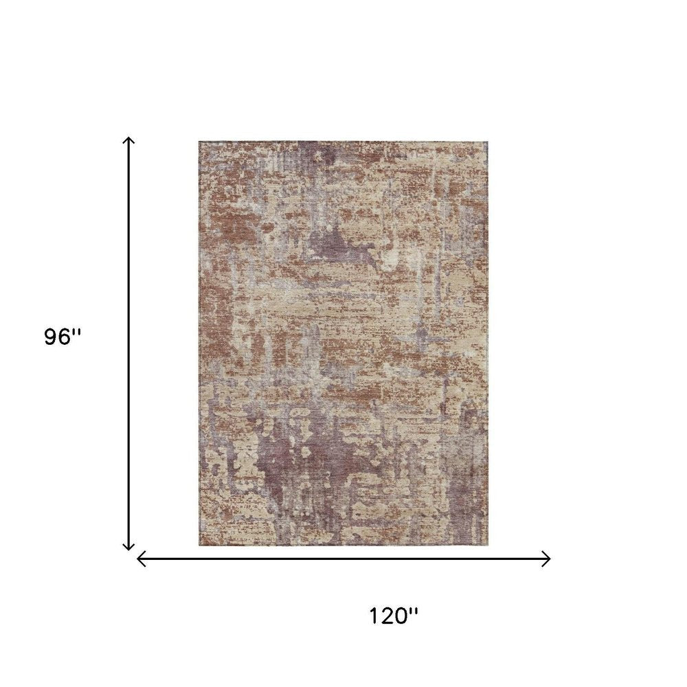 8' X 10' Orange And Beige Abstract Washable Indoor Outdoor Area Rug
