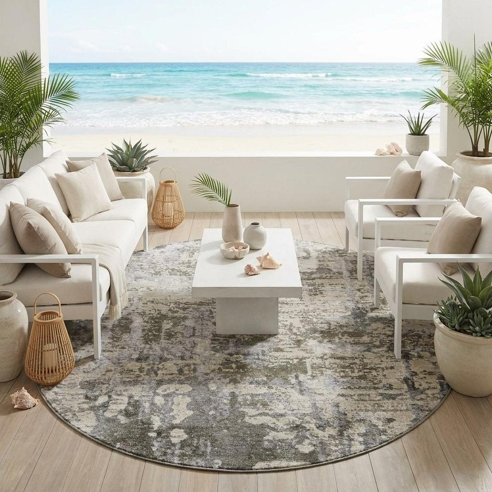 8' Pewter And Gray Round Abstract Washable Indoor Outdoor Area Rug HomeRoots