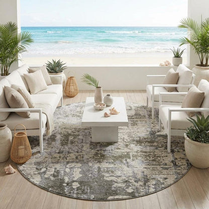 8' Pewter And Gray Round Abstract Washable Indoor Outdoor Area Rug HomeRoots