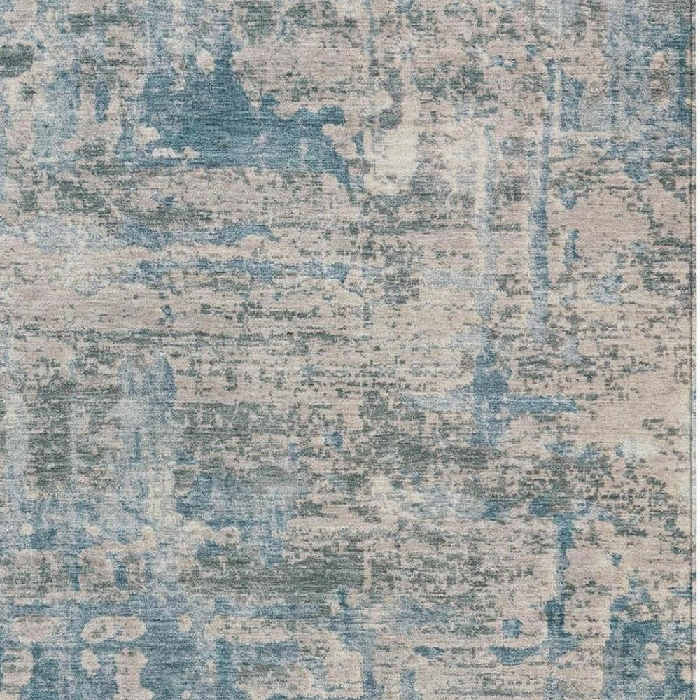 3' X 5' Teal Blue And Pewter Abstract Washable Indoor Outdoor Area Rug