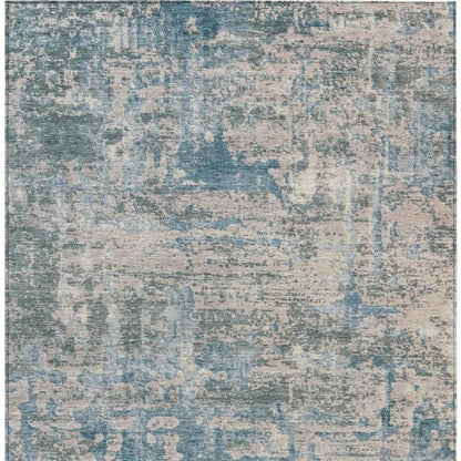 3' X 5' Teal Blue And Pewter Abstract Washable Indoor Outdoor Area Rug