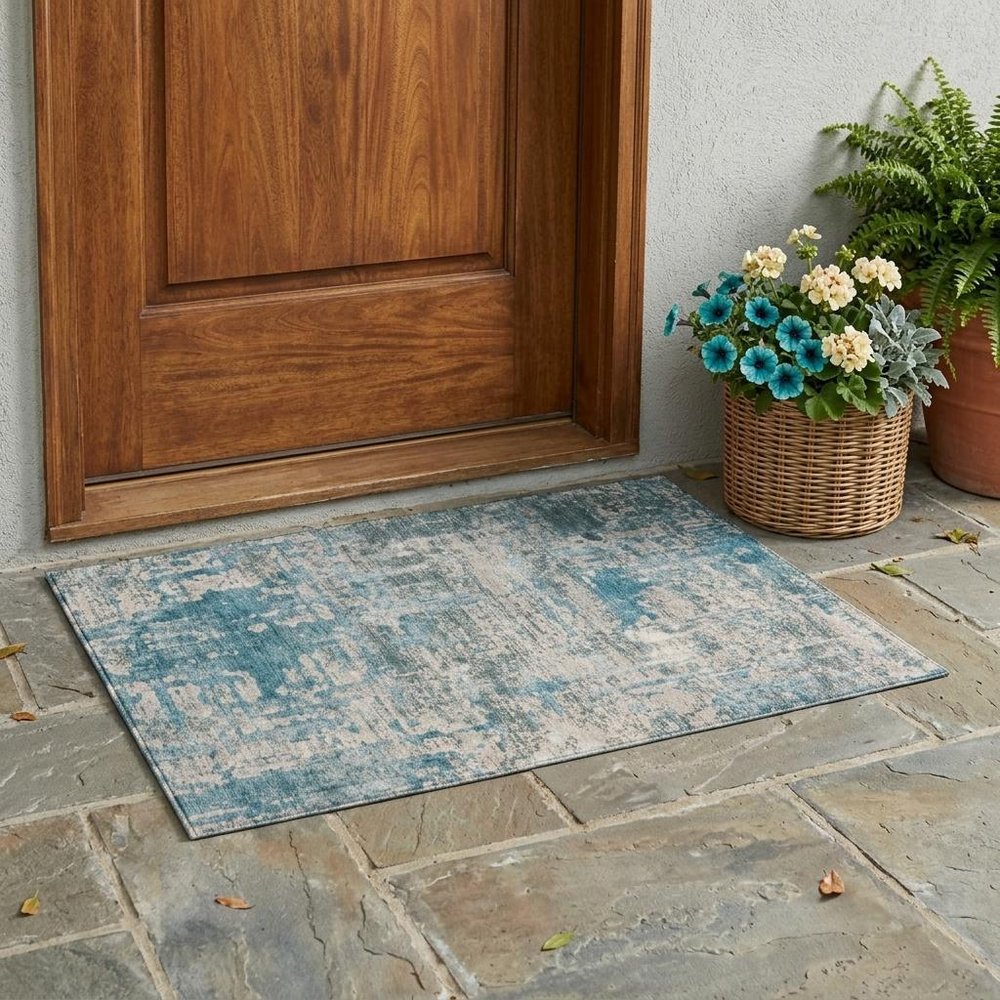 3' X 5' Teal Blue And Pewter Abstract Washable Indoor Outdoor Area Rug HomeRoots