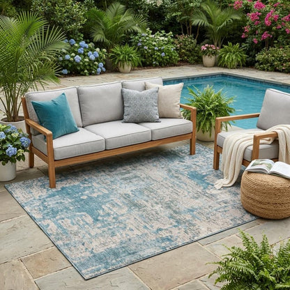 5' X 8' Teal Blue And Pewter Abstract Washable Indoor Outdoor Area Rug HomeRoots