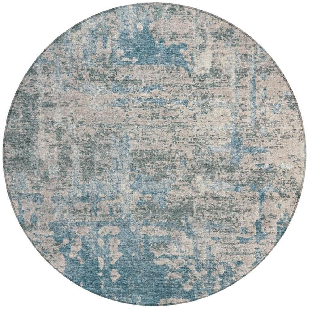 8' Teal Blue And Pewter Round Abstract Washable Indoor Outdoor Area Rug HomeRoots