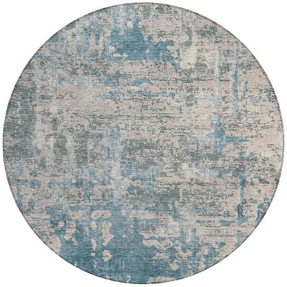 8' Teal Blue And Pewter Round Abstract Washable Indoor Outdoor Area Rug HomeRoots
