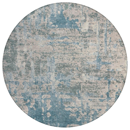 8' Teal Blue And Pewter Round Abstract Washable Indoor Outdoor Area Rug