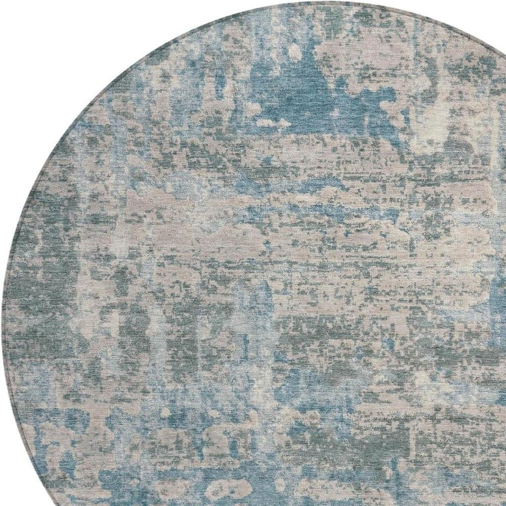 8' Teal Blue And Pewter Round Abstract Washable Indoor Outdoor Area Rug HomeRoots