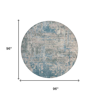 8' Teal Blue And Pewter Round Abstract Washable Indoor Outdoor Area Rug HomeRoots