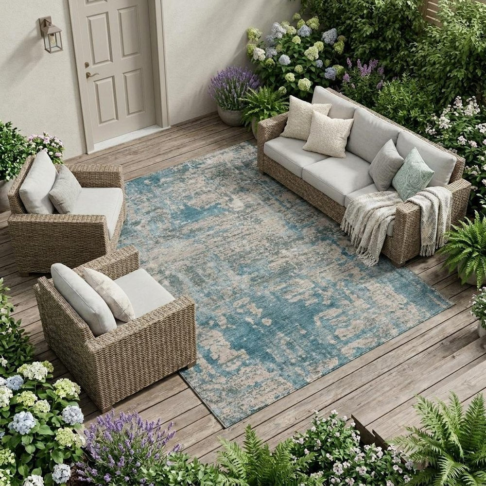 8' X 10' Teal Blue And Pewter Abstract Washable Indoor Outdoor Area Rug — view 5